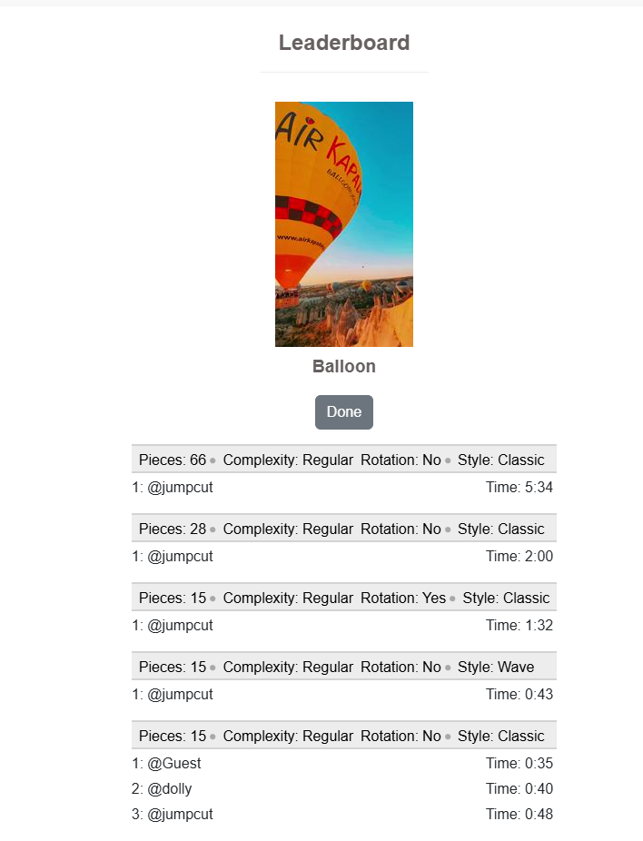 Example leaderboard showing puzzle solve times grouped by piece count, complexity, rotation, and style