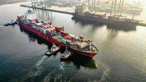 Video jigsaw puzzle titled Container ship with Tugs