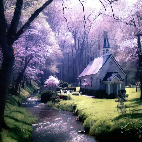 church with cherry blossoms