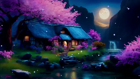 Moonlit Cabin Cherry Blossoms